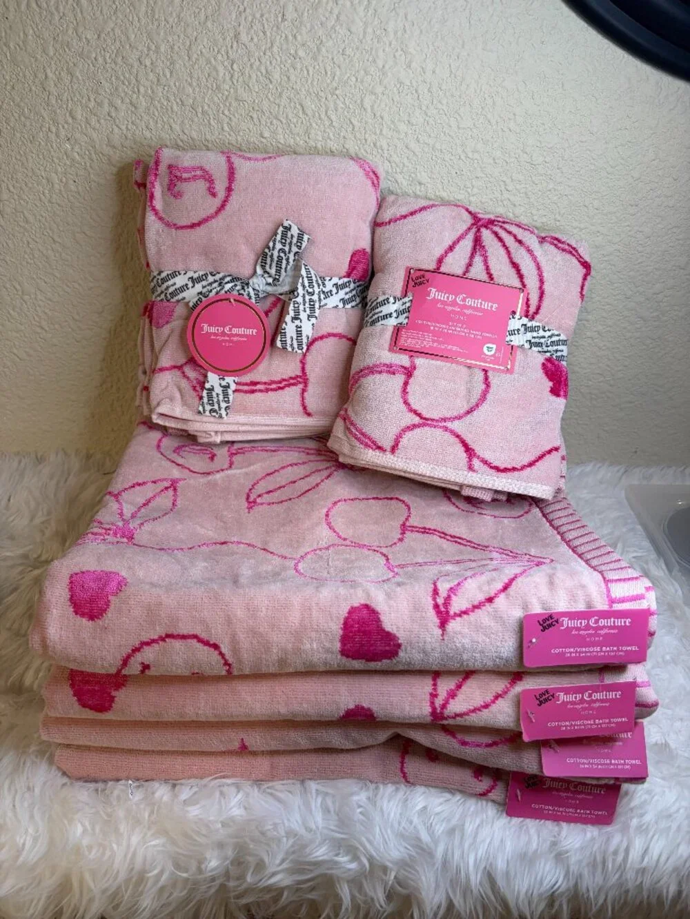 Juicy Couture Pink Cherry Bath Towel Hand Towel Set 8 Pc Home Love Juicy NWT